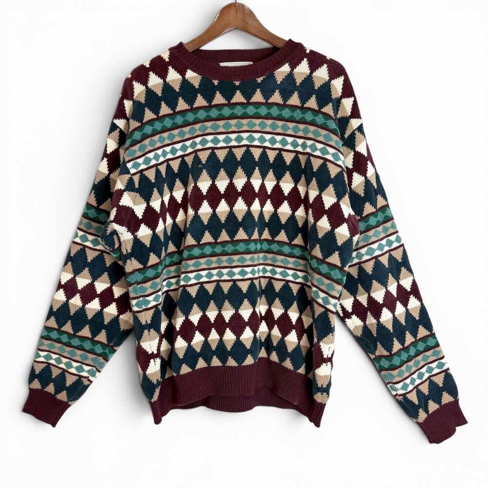 VTG 90s Saks Fifth Avenue 100% Cotton Geometric Grandpa Sweater Multicolor XL